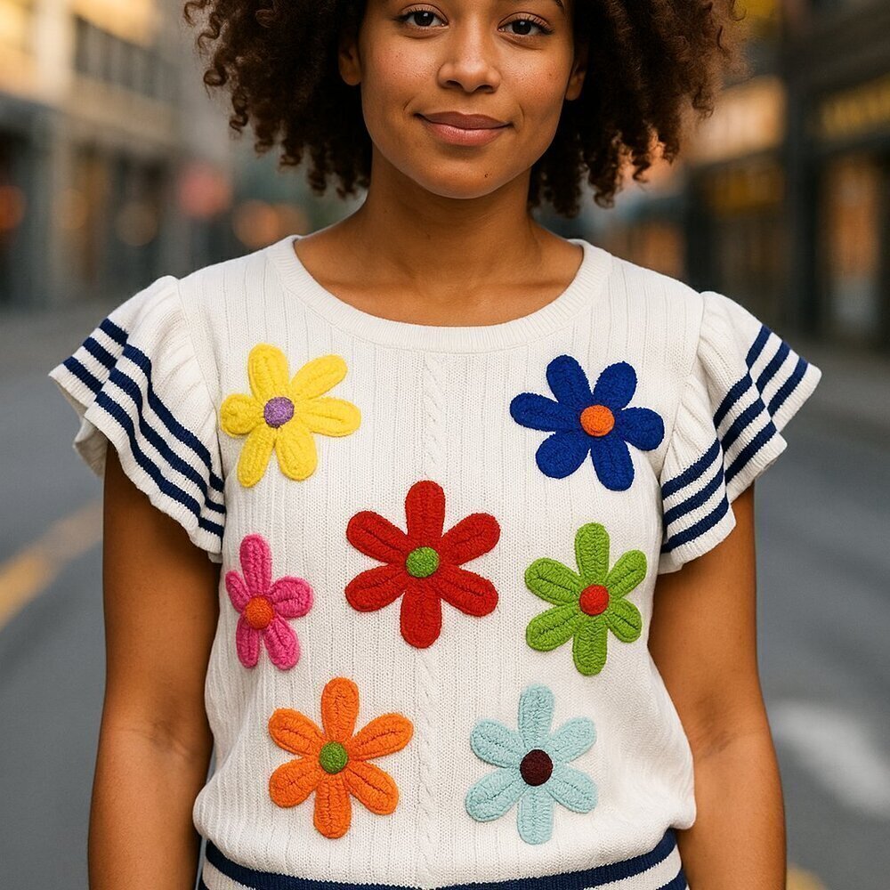 BIBI Colorful Women's Floral Crew Neck Ruffle Short Sleeve Crochet Sweater Med